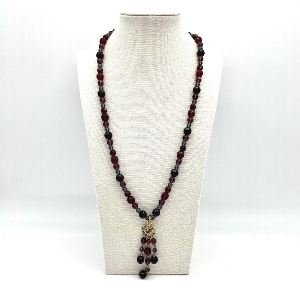 Glass Beaded Necklace Purple Gray Gold‎ Tone Pendant Fashion Jewelry